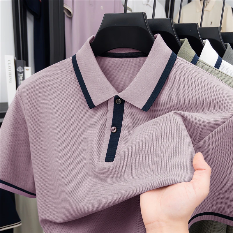 

Luxury brand short sleeve polo shirt summer comfort breathable silk cotton men's T-shirt solid color business casual fashion top