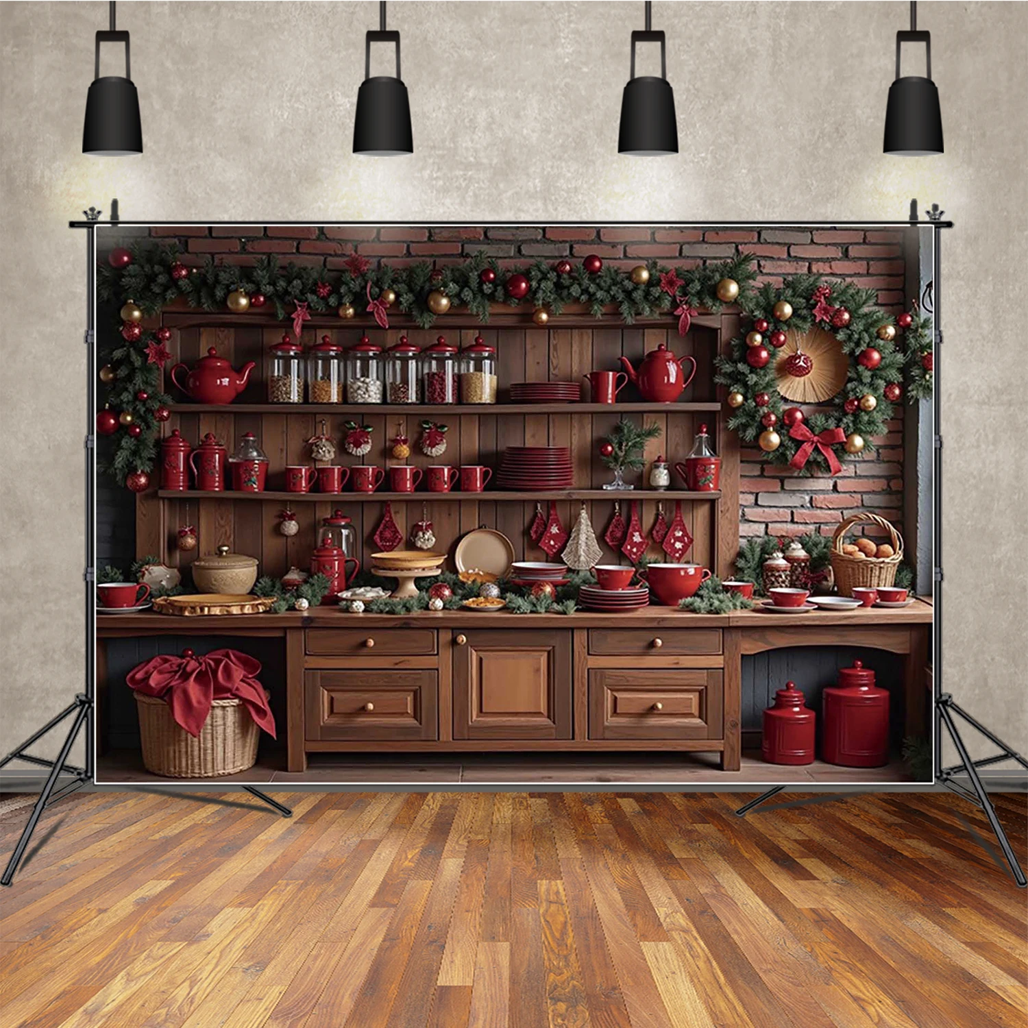 

MOON.QG Red Cabinet Christmas Photo Background Tableware Wooden Shelf Backdrop Photography Accessories Photo Booth Photozone