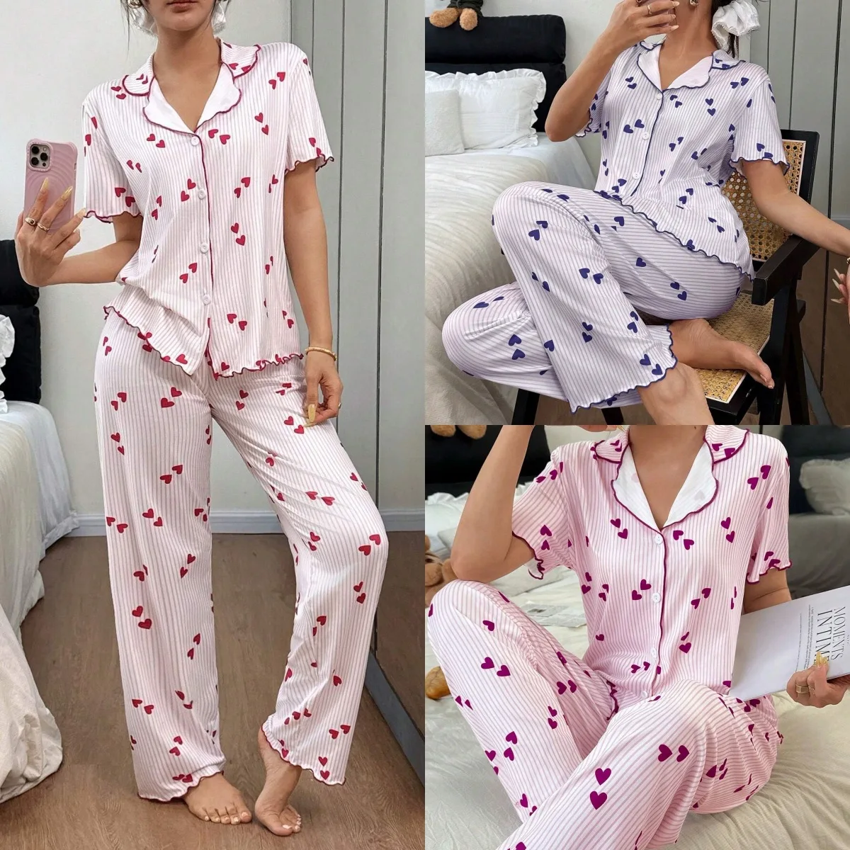 

Summer New American Style Short Sleeve Plus Size Pajamas, Girl Heart Print, Loose Long Pants, High-Quality Home Pajama Set