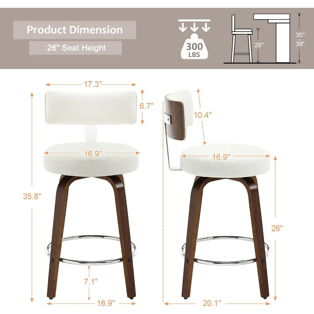 Caféstoelen met rugleuning en ronde zitting, PU-leer gestoffeerde eilandkrukken voor toonbank, walnoot gebogen houten poten, caféstoelen