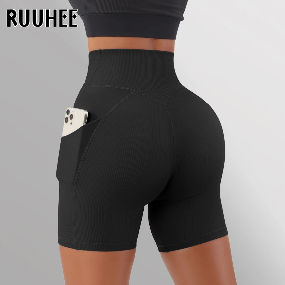 RUUHEE legginsy damskie spodenki sportowe do jogi z wysokim stanem spodenki dla motocyklisty kobiet legginsy sportowe do fitnessu kieszonkowe