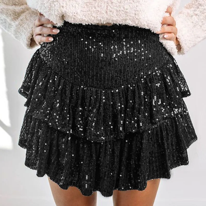 Elegant Elastic High Waist Slim Mini Dress Club Party Shiny Sequin Ruffle Short Skirt Fashion Multi Color Pleated A-line Skirt