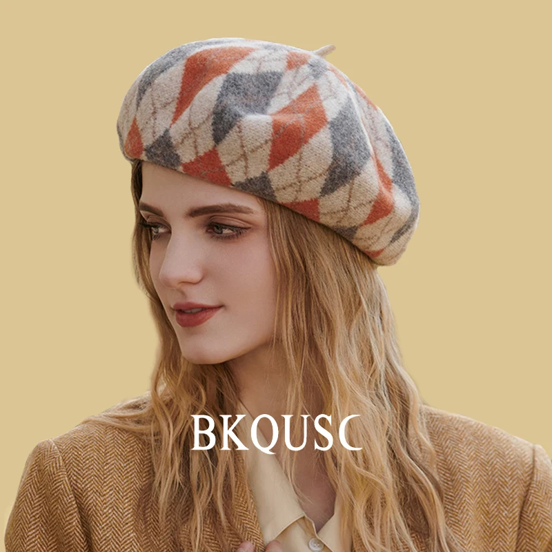 Pure Wool Orange Check Women\'s Beret Elegant Classic Prismatic Wool Pumpkin Berets Lady Artist Winter Warm Vintage Cashmere Caps