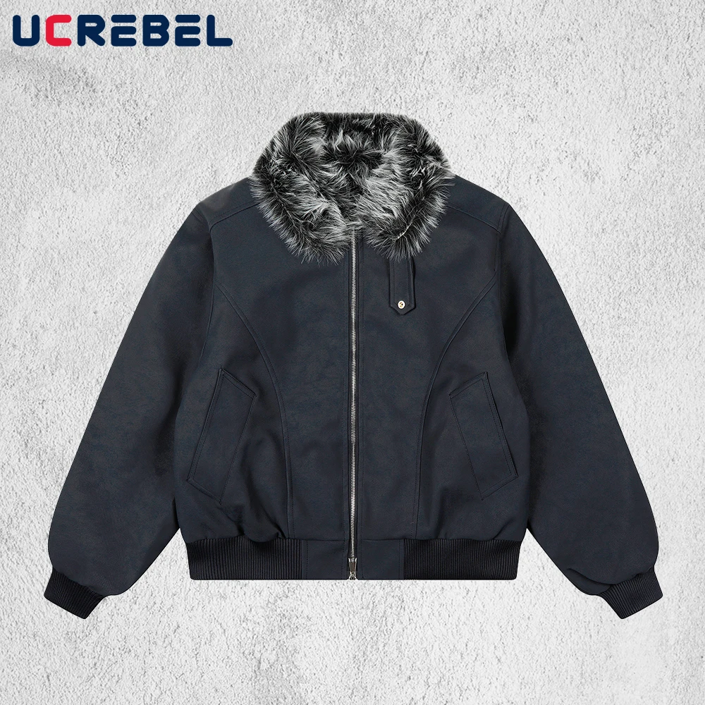 

Retro Spliced Padded Jacket Mens Winter High Street Fur Collar Long Sleeve Thick Cargo Outerwear Men