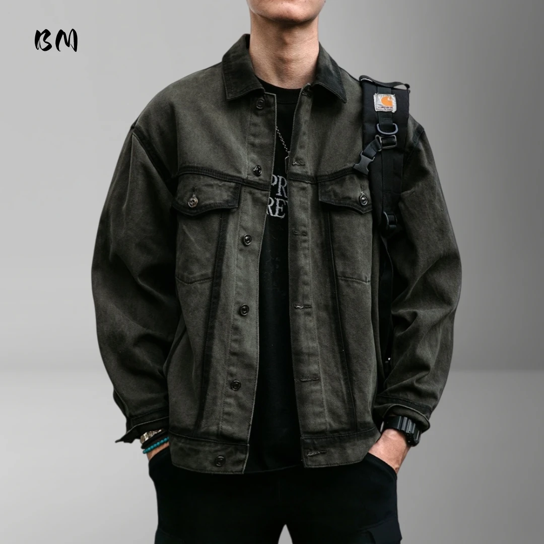 

Мужская сверхпрочная рабочая одежда, куртка из 100% хлопка, кислотная стираная уличная одежда с декоративными лацканами, весенне-осеннее повседневное пальто с принтом спрея