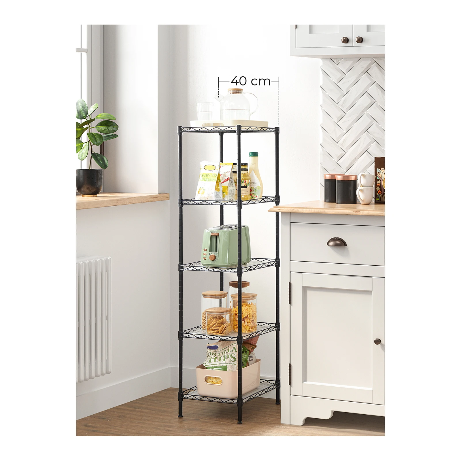 SONGMICS 5-Tier Wire Shelving Unit, Narrow Storage Rack with 4 Hooks, Height-Adjustable, Metal Shelves