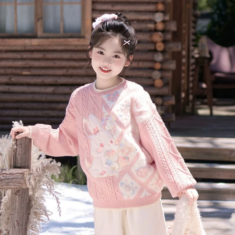 

Girls Sweater Thickened Autumn/Winter New Fashionable Western Style Children's Knitted Sweater Girls Top Sweet and Cute 10 Years