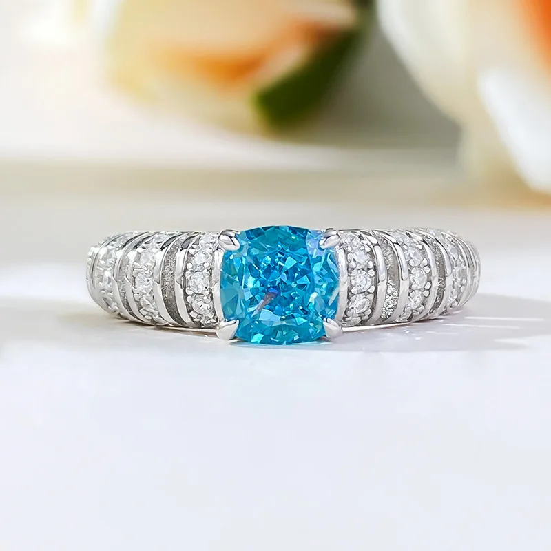 2024 New High Carbon Diamond Ring Full Body 925 Set with 6 * 6 Paraiba European and American Light Luxury Women's Ring