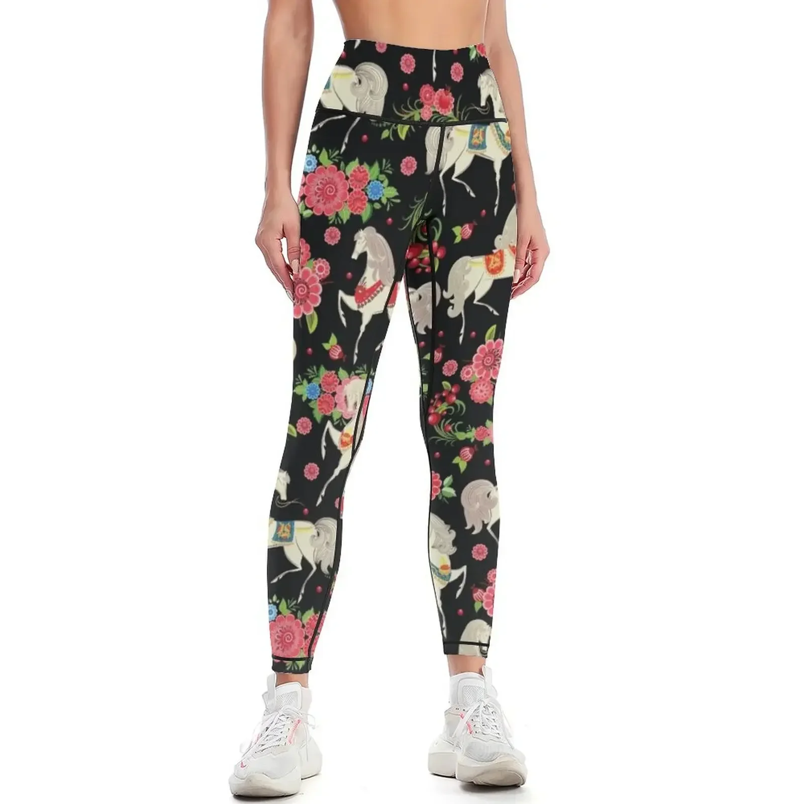 

Dancing Horse with Red Rose Flower in Black Background Pattern Leggings gym womans sports woman gym for fitness Womens Leggings