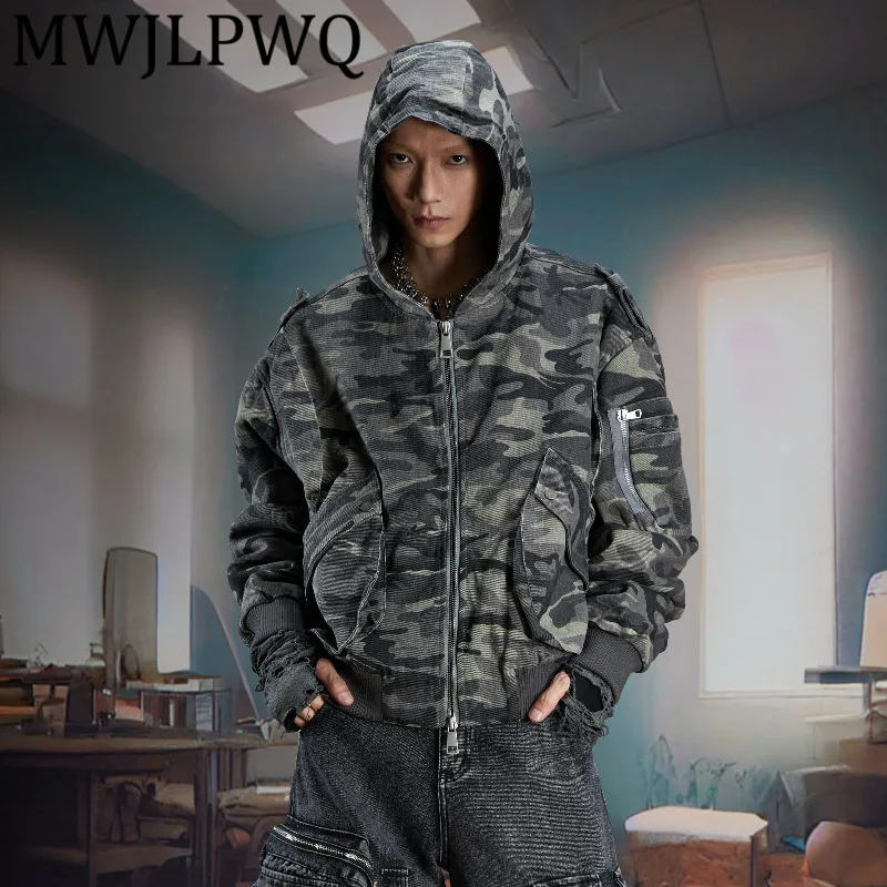 

MWJLPWQ Patchwork Camouflage Niched Hooded Jacket Male Street Deconstructed Zipper Loose Short Large Pocket Unisex Tops 11920