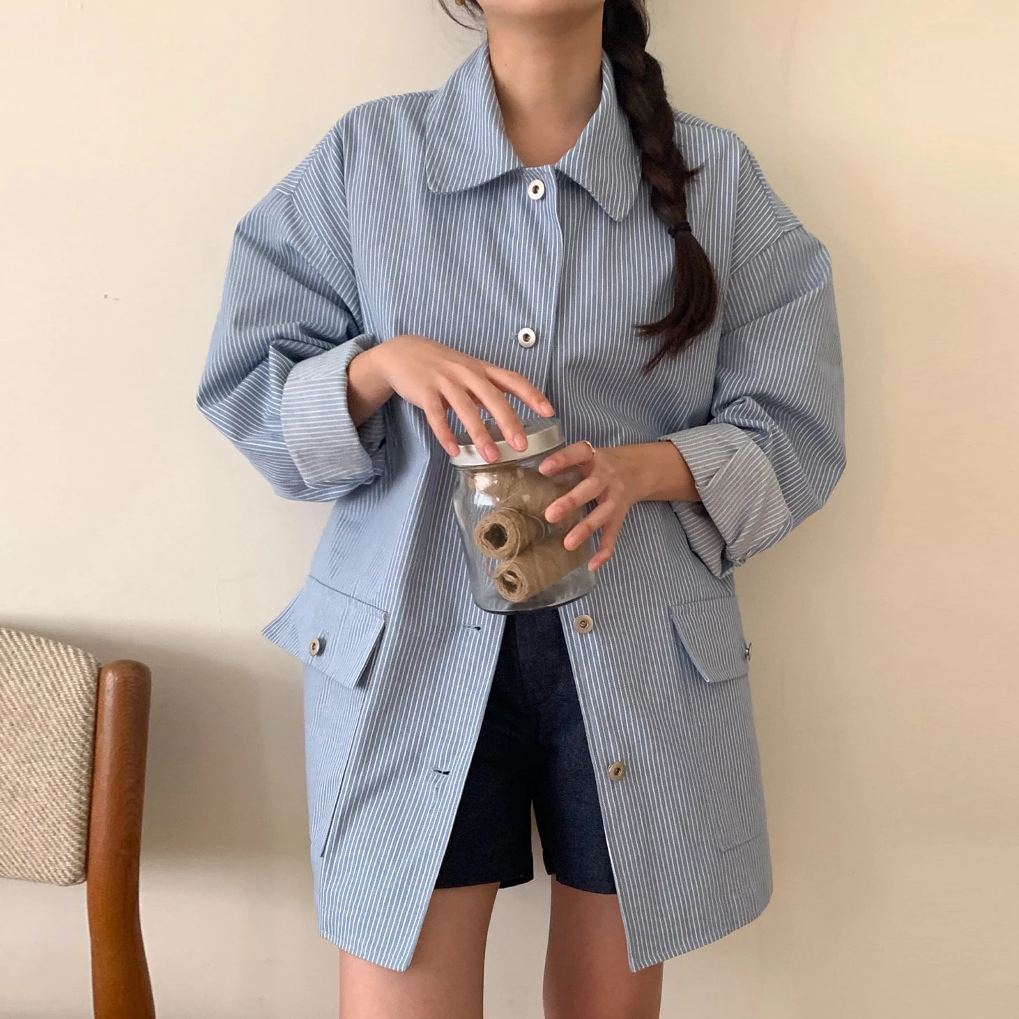 

SuperAen Korean-style Spring and Autumn New Office Lady Casual Loose Striped Long-sleeved Shirt Single Breasted Coat