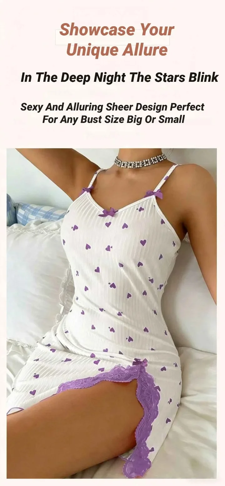 CHUANGERM Damen Ärmelloses Nachthemd Elegantes Spitzenbesetztes Nachtwäsche mit Schleife & Herz-Print Damen Nachthemd – Detail 2