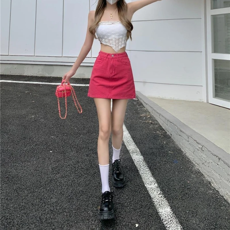 2026 New Arrival Summer Women's Denim Half Skirt Magenta Pitaya Color High Waist Bodycon Short Skirt Hot Girl Style