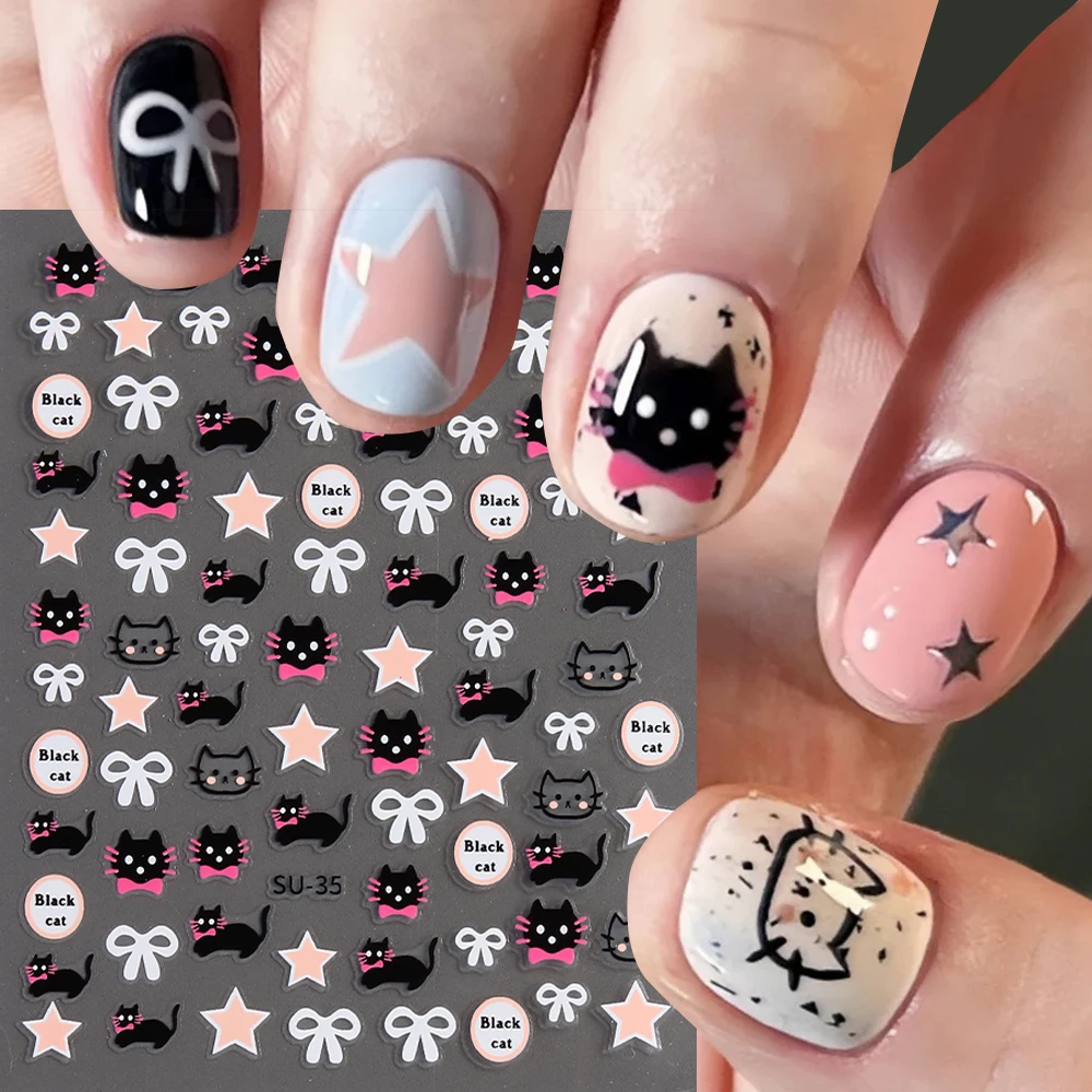 Desenhos animados gato unhas adesivos, decalques Black Star, branco Bow-nó Sliders para unhas, encantos infantis, decoração de manicure, LEBSU-35, 3D