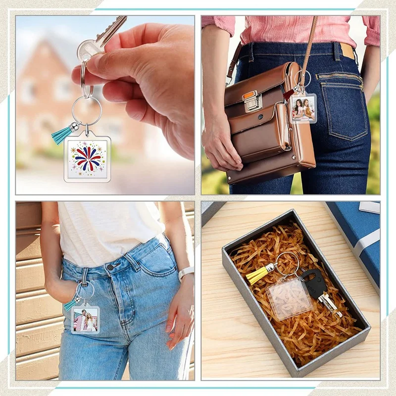 Chaveiro com moldura de foto acrílica com borlas, chaveiro com inserção de foto, porta-chaves com moldura transparente em branco para faça você mesmo