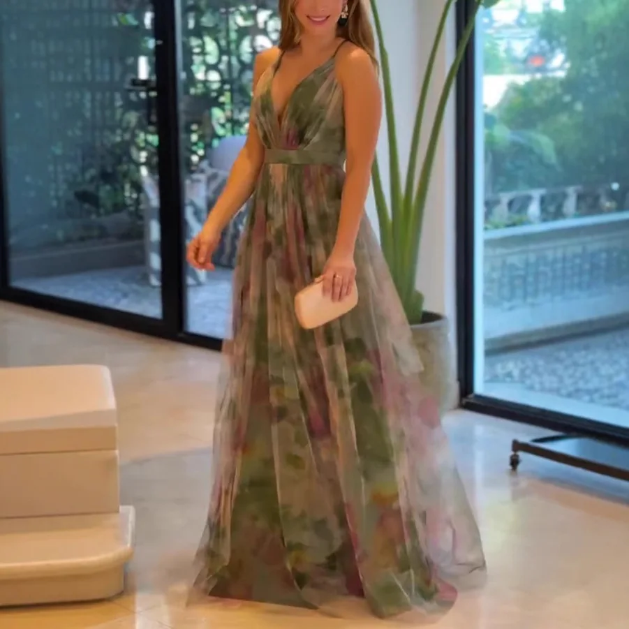 Women Summer New Mesh Printing Strap Dress Vacation Casual Long Loose Sleeveless Sexy Dress