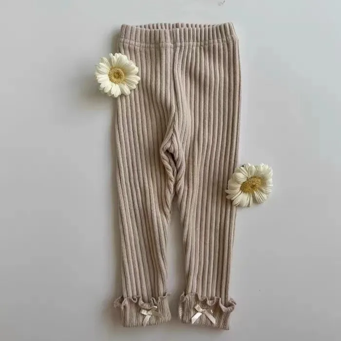 2024 Autumn New Baby Girl Bow Ribbed Leggings Solid Tights Infant Versatile Cotton Casual Pants Toddler Girl Slim Fit Trousers