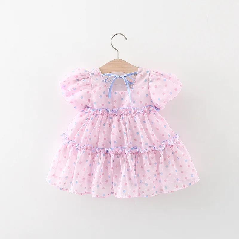 Summer girl dress baby girl three-dimensional flower polka dot lace bubble sleeve back strap princess dress