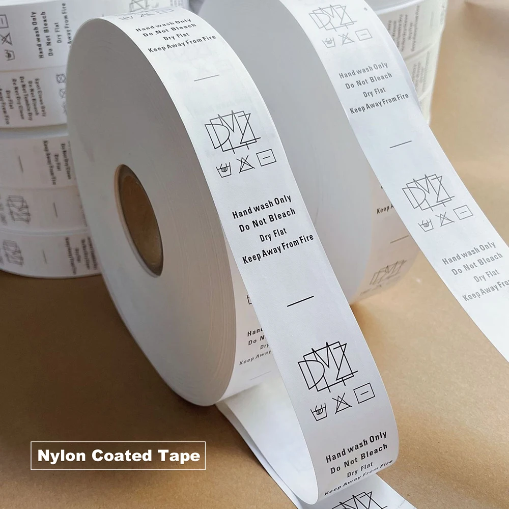 3cm Custom Made design garment washing care tags NYLON/SATIN material size tags washable labels whitetape black design