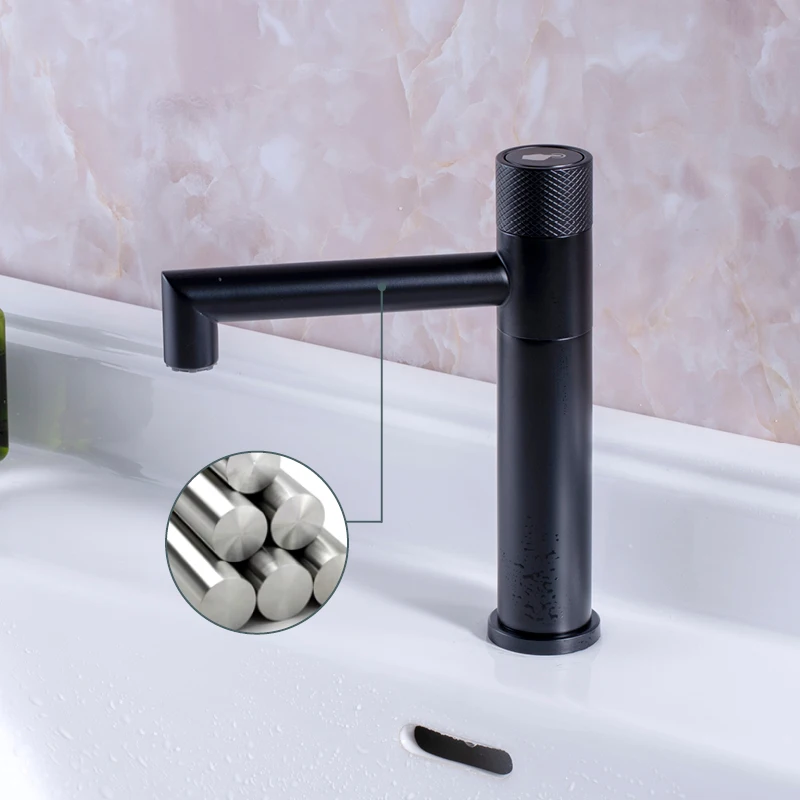 

Single Cold Bathroom Sink Faucet Deck Mount One Hole Button Type Faucet Modern Rotatable 360° Lavatory Vanity Sink Faucet Black
