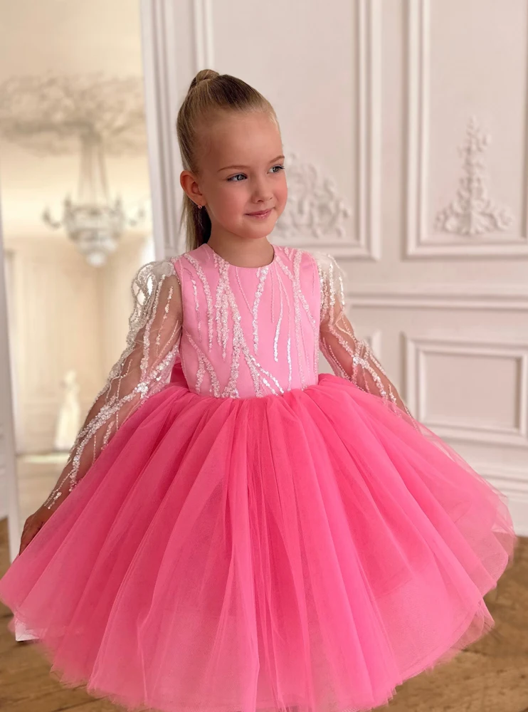 SoDigne A-line Tulle Flower Girl Dress O-neck Full Sleeves Sequined Flowers Skirt Girls Party Dresses 2025 Kid Gown Customized