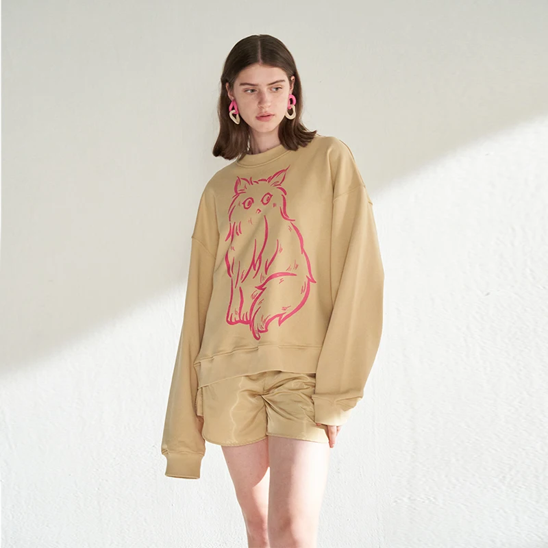 

Свободный повседневный свитшот с ручной росписью и принтом, цвет хаки с розово-красным, женский, уличный стиль, из органического хлопка, с длинными рукавами