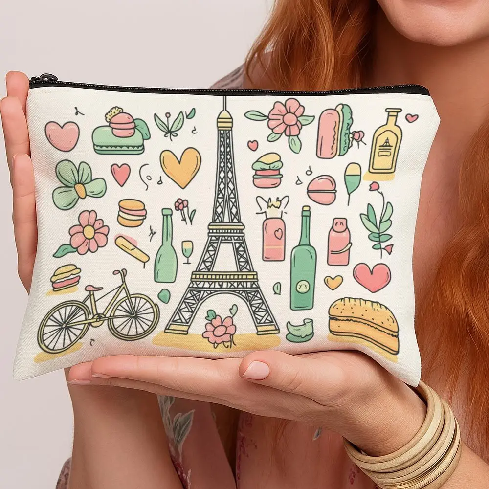 Adorable Paris Art Print Makeup Bag - Eiffel Tower Travel Cosmetic Organizer, Handy Toiletry Pouch with Zipper, Chic Storage