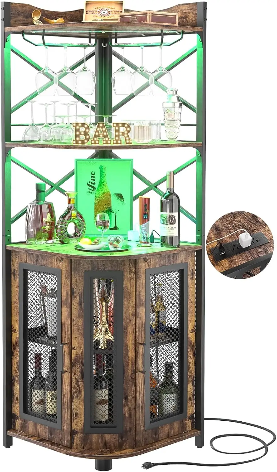 Aheaplus Canto Bar Armário com Power Outlet, Industrial Wine Cabinet com LED Strip e Suporte de Vidro, 5 Tiers Liquor Cabinet