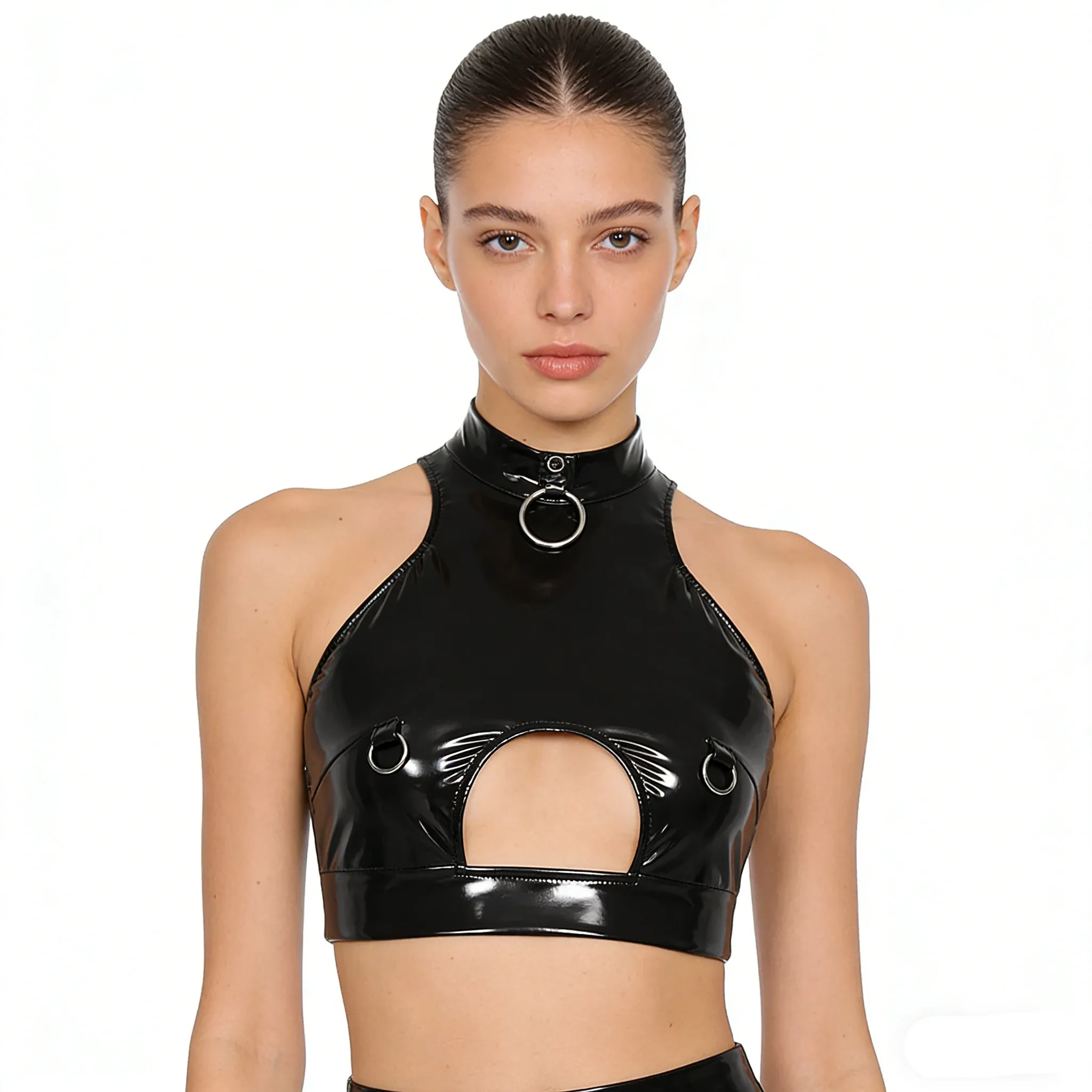 Women Wet Look PU Leather Vest Crop Top Hollow Out Metal O-rings Backless Tank Tops for Nightclub Rave Party Music Festival