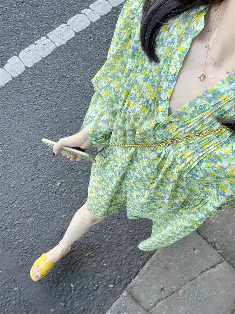 

Early Spring 2023 Advanced Feeling Gentle Wind Temperament Goddess Fantasy Kikyo Tea Break Green Fragmented Flower Dress Girl