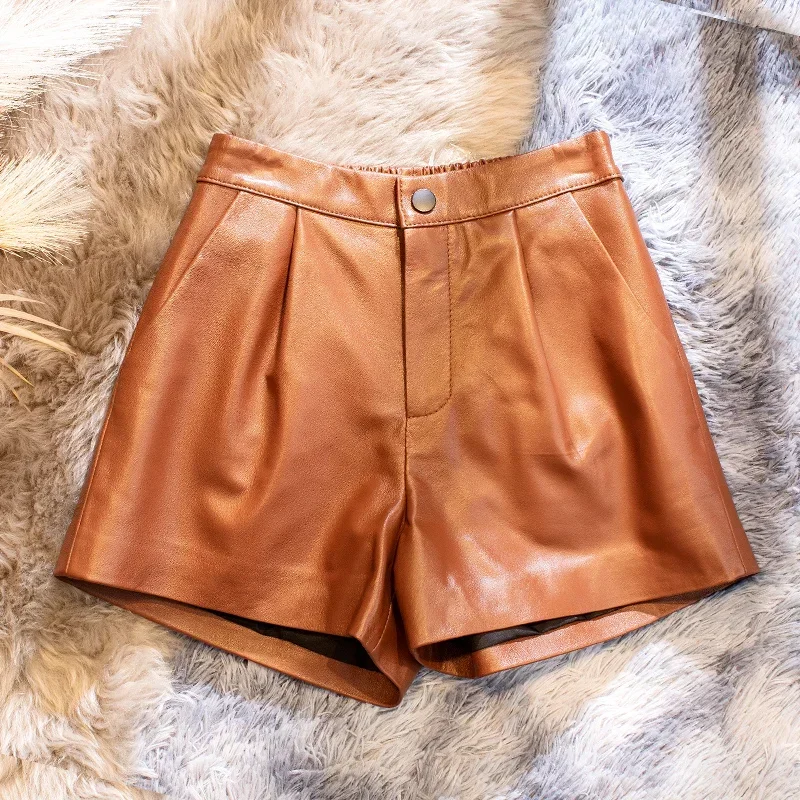 Real Sheepskin Leather Shorts Women 2024 Korean Fashion High Wasit Genuine Leather Shorts for Women Wide Leg Short Ropa Mujer