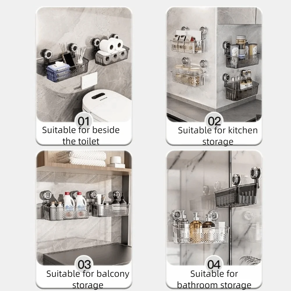 

Plastic Suction Cup Shower Rack Transparent Space Saving Wall Mounted Storage Rack Removable Waterproof Cosmetic Storage Box