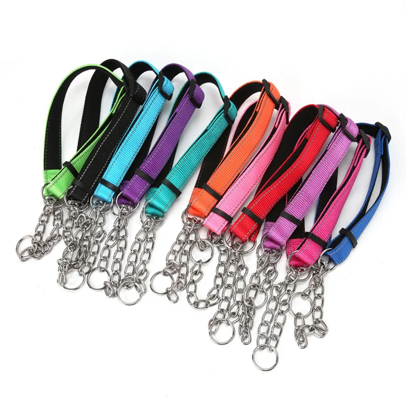 Adjustable Stainless Steel Chain Reflective Nylon Fabric Pet Collars Outdoor Exploration Proof Punch for Small Medium Large Dogs