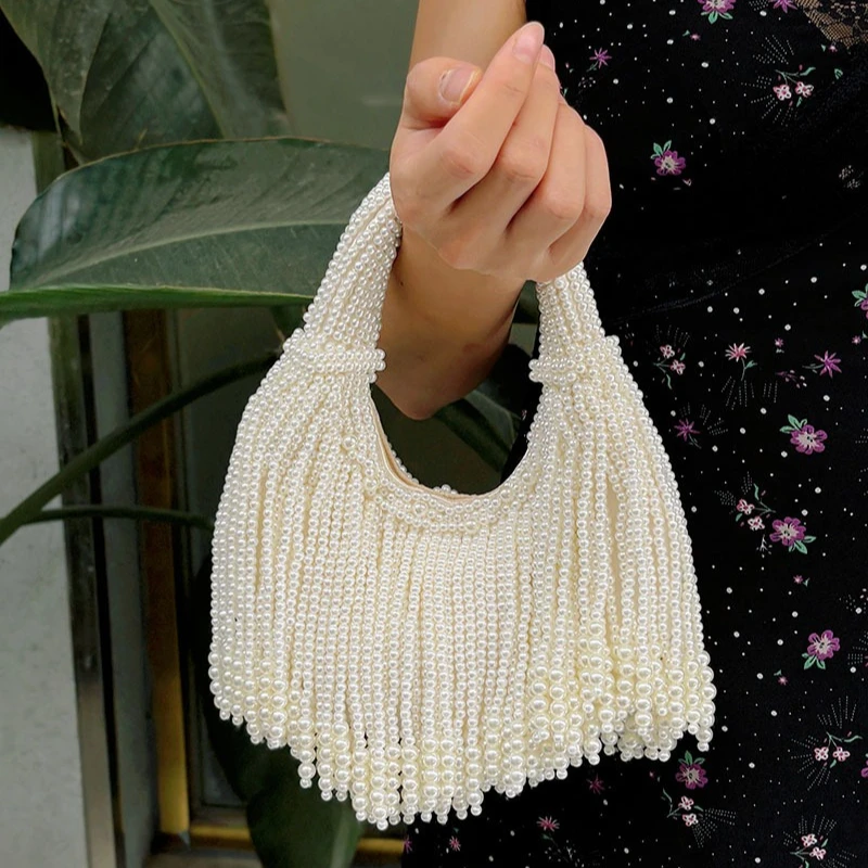 Handle Pearl Evening Clutch Bag Luxury Designer Long Tassel Purses and Handbag Fashionable Design Women's Handmade Evening Bag