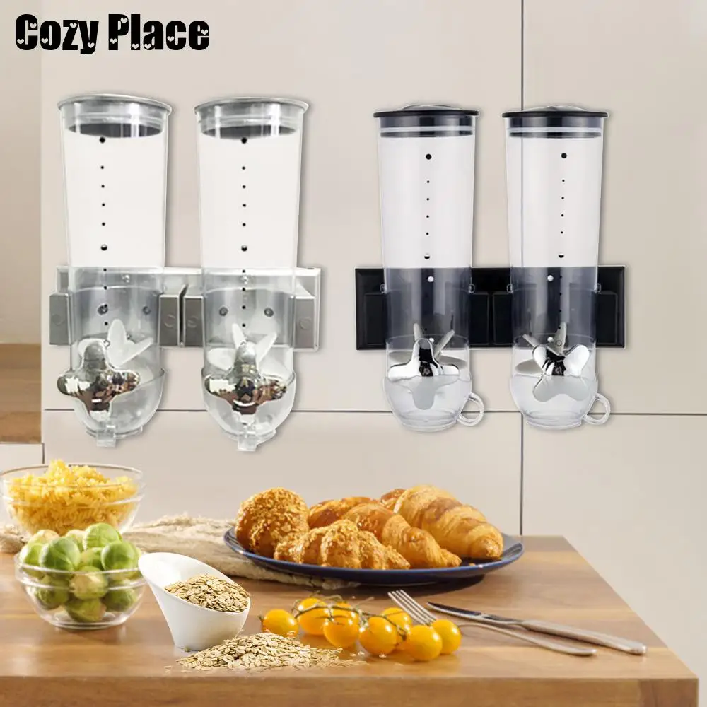 Cereal Dispenser 2Pcs Wall Mount Dry Food Container Storage For Nuts Coffee Beans Kitchen Storage Case Rice Grain Silver/Black