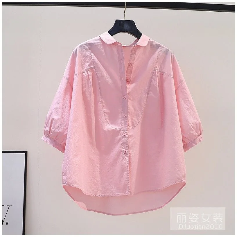 

Pure cotton plus-size literary and artistic style light blue fat shirt women's long-sleeved casual shirt summer new temperament