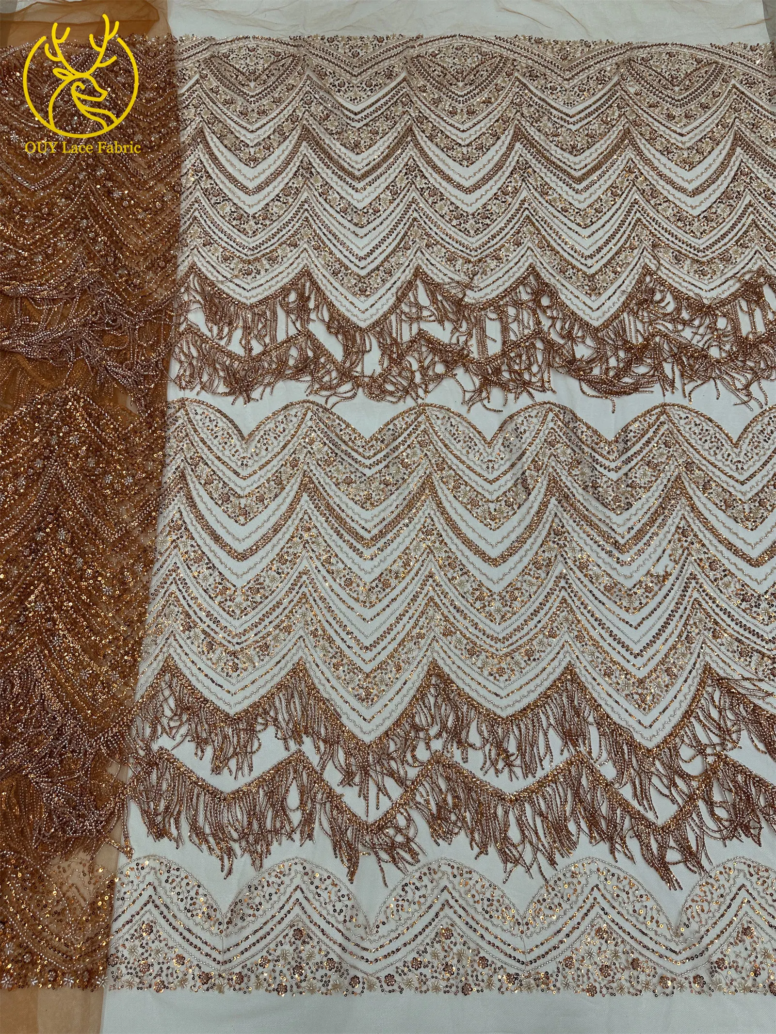 Hochwertiger 3D-Quasten-Perlen-Spitzenstoff, goldfarbener afrikanischer Perlen-Pailletten-Spitzenstoff, französische Tüllspitze für Hochzeitskleider, 5 Yards – Detail 13