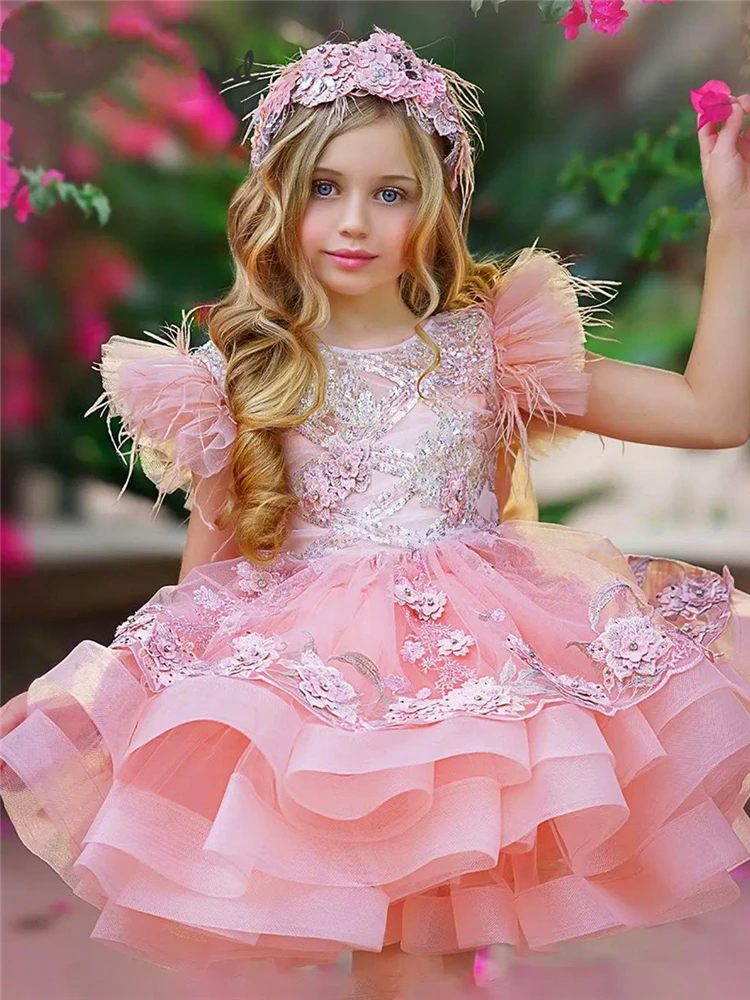 

Elegant Flower Girl Dress Princess Ball First Communion Dresses Gorgeous Pink Angel Tulle Lace Printing Kids Birthday Present