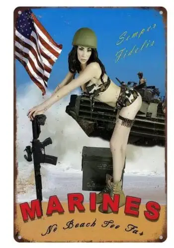 MILITARY METAL TIN SIGN SEXY PIN UP GIRL WITH MACHINE GUN MARINES MAN CAVE ART