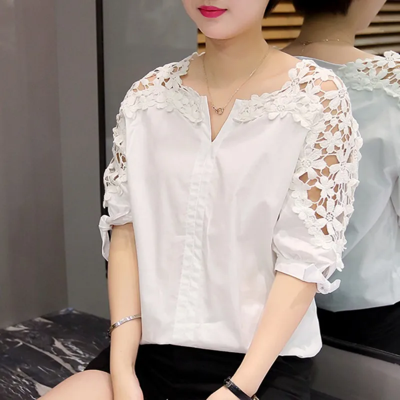 Summer Women Solid Hollow Out Blouse Top Fashion Casual Cotton Half Sleeve V-neck Shirts Big Size