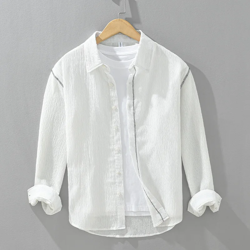 

Textured Bubble Casual Spread Collar Men's irt Contrast Color Design Spring Leisure Polyester Blend Long Sve Busin irt