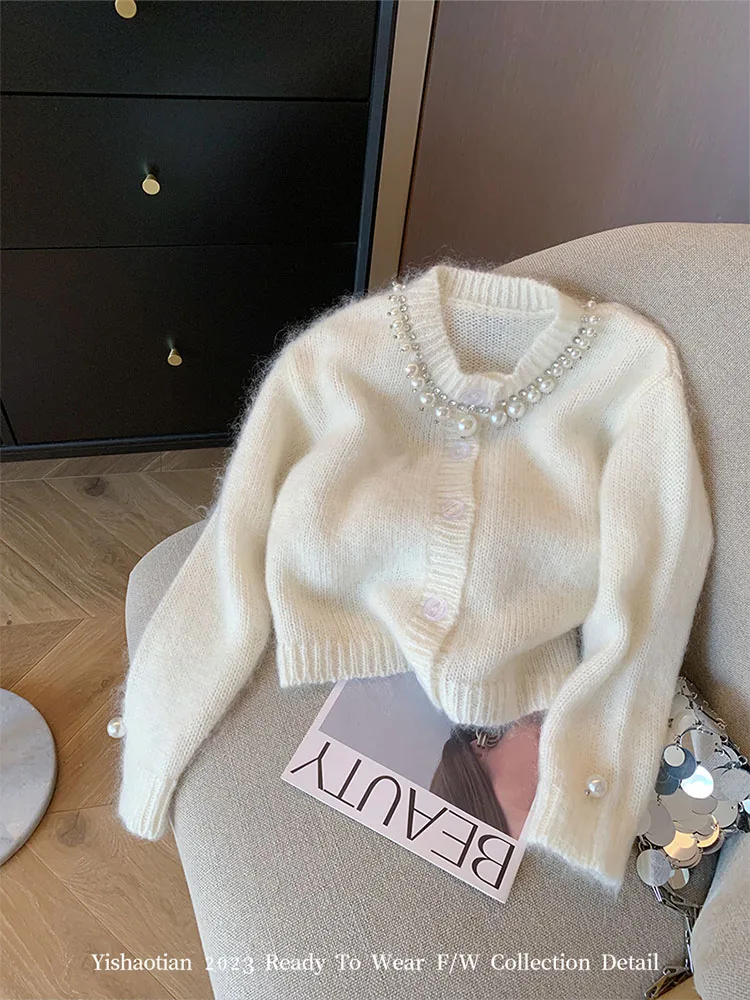 New Trend Women Mohair Cardigan O-Neck White Pearl Sweater Autumn Winter Long Sleeve Fashion Knitted Pullover Luxury Mori Girl