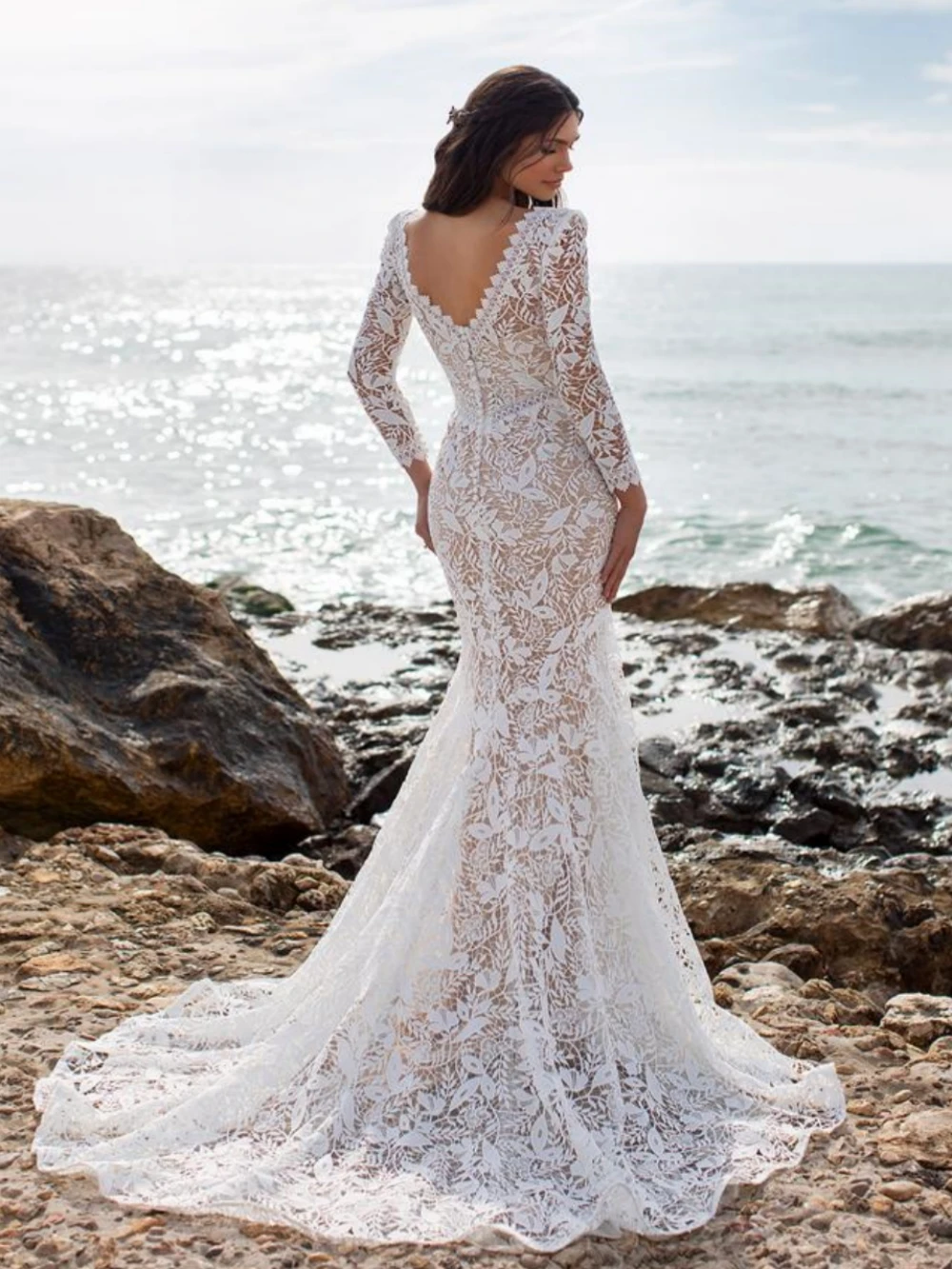 Vestido De novia largo con escote en V profundo, traje De novia clásico con apliques De encaje, elegante, para playa, 2024