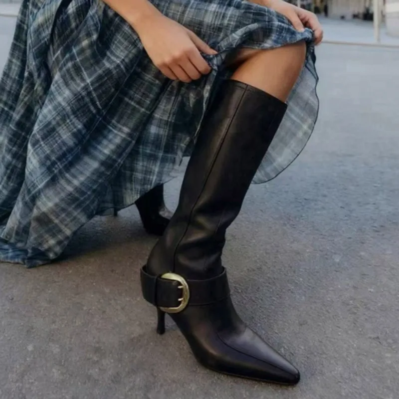 Pointed Toe High Heels Women's Boots Leather Buckle Knee-High Boots Women Designer Style Slip on Winter Sexy Thin Heel Booties 3