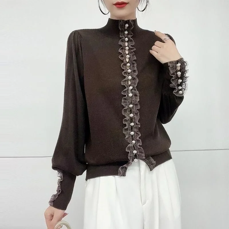 Lace Fungus Splicing Single Row Hollow Sweater Women's 2025 Chic Beaded Knitted Top