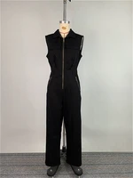 Women Black Sleeveless Lapel Denim Jumpsuit Front Zipper Cargo Pockets High Waist Casual Streetwear Rompers Women's Jumpsuits - Image 4