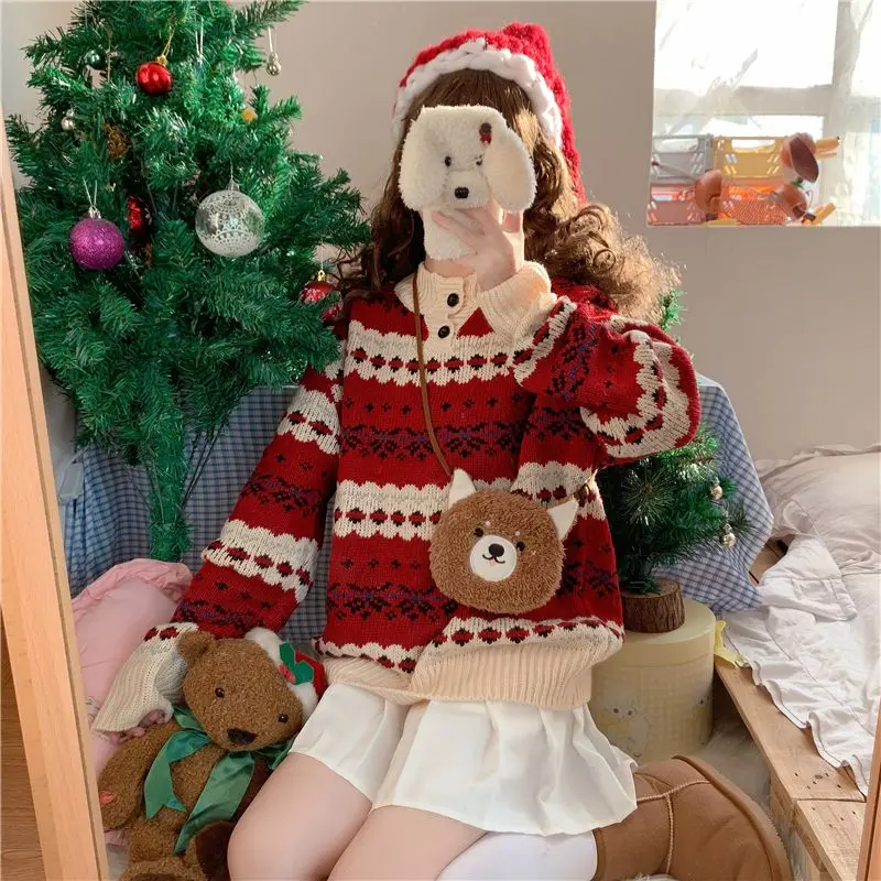 Red Christmas Sweaters Pullovers Women Loose Winter Clothes All-match Harajuku Kawaii Long Sleeve Full Femme O-neck Casual Chic