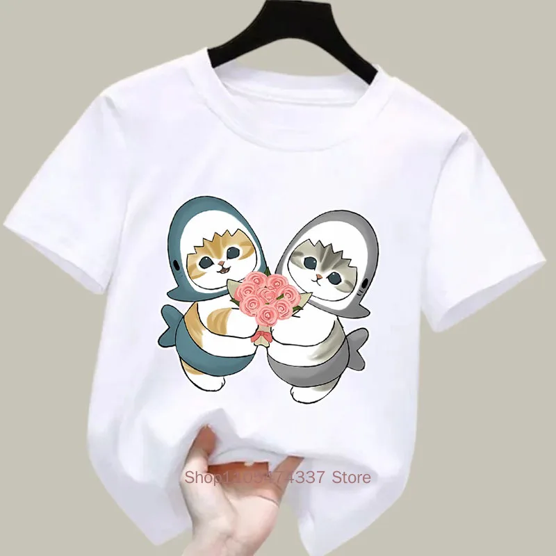 Cute Shark Cat Print T-shirts for Girls Summer Children Casual Kawaii Colorful Comfortable Tops Kids O-Neck Short Sleeve Tees