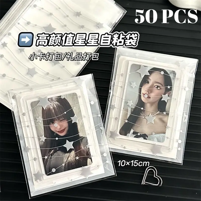 50Pcs Clear Photocard Holder Cute Bowknot Self Adhesive Bag Star Print Small Card Packaging Bag Opp Self Sealing Bag Card Sleeve