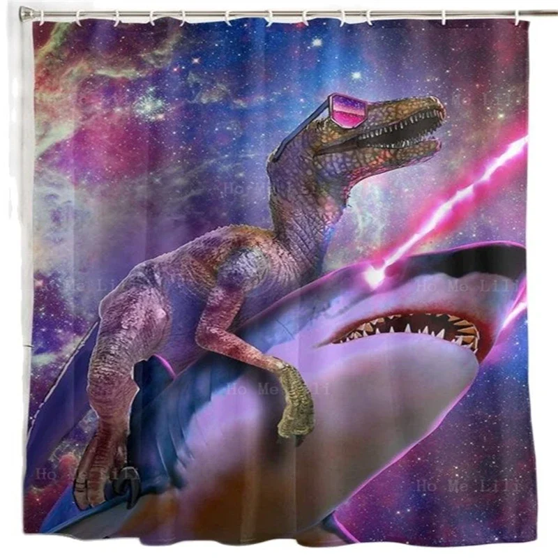 Velociraptor Laser Shark Space Funny Dinosaur In Galaxy Space Whimsical Shower Curtain Kids Bathroom Accessories